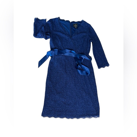 Adrianna Papell Blue Stretch Lace Mock Wrap Sheath Dress $209 Size 4 Cocktail - Picture 10 of 15